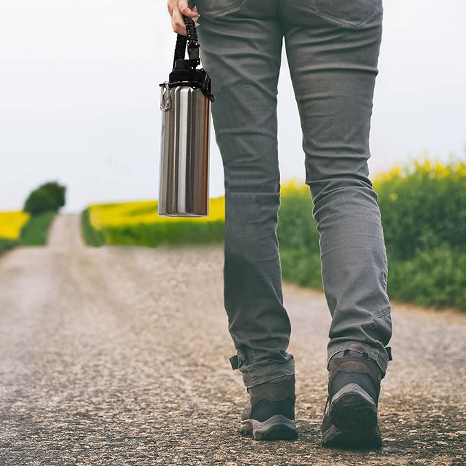 Volhoply 40 oz Insulated Water Bottles Paracord Handle, Stainless Steel Bottle with Spout Lid, Double Walled Metal Travel Water Cups with Wide Mouth, Reusable Water jug for Adults (Silver,1 Set)