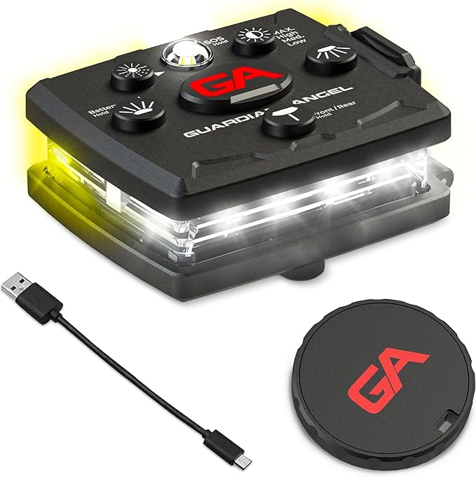 Guardian Angel Micro Series Safety Lights (All White Front & Yellow Rear) - Rechargeable, Magnetic & Hands-Free LED Flashlight for Dog Walking, Running, Cycling, Hiking, Camping, Fishing & More