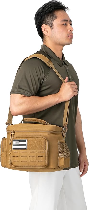 QT&QY Tactical Lunch Bag for mens Military heavy duty lunch box work Leakproof insulated Durable Thermal Cooler Bag for Adult Meal for Office Camping Picnic Pail MOLLE Webbing Khaki