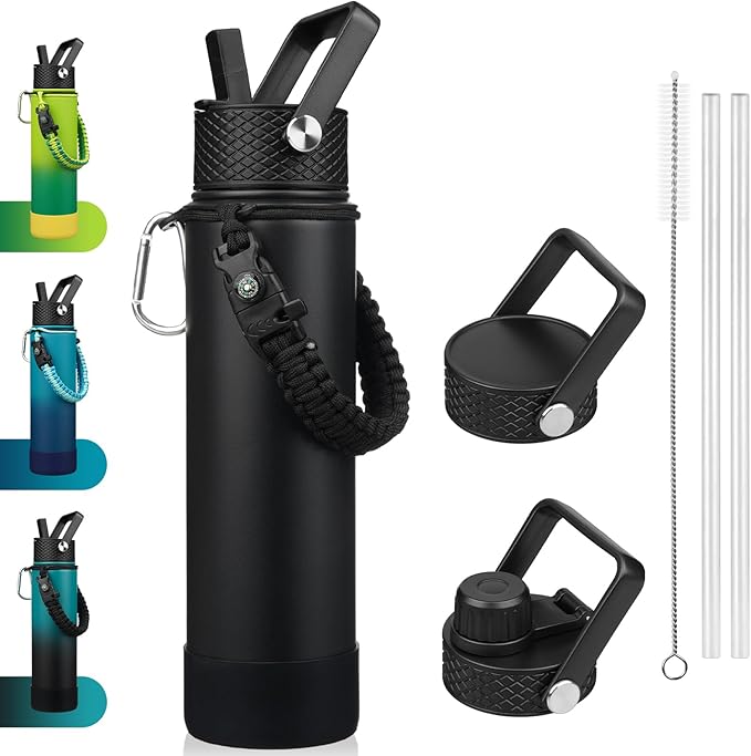 BJPKPK 27oz Insulated Water Bottles with 3 Lids, Paracord Handle & Non-slip Boot, Stainless Steel Metal Water Bottle with Straw, BPA Free Leak Proof Thermo, Tumblers,Black