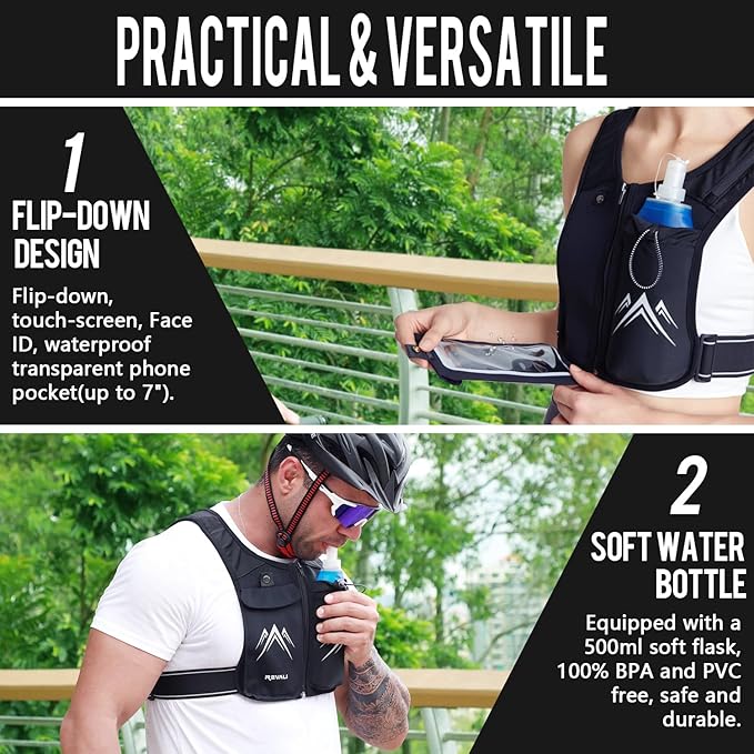 REVALI Zip Reflective Running Vests with Hydration Bottle, Adjustable Waistband & Breathable Material, Chest Pack Gear Phone Holder for Men & Women