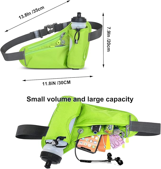 Waterproof Running Waist Bag Cycling Bumbags with Water Bottle Holder Travel Walking Dog Climbing Hiking Outdoor Sport Waist Bag with Reflective Strips(Green)