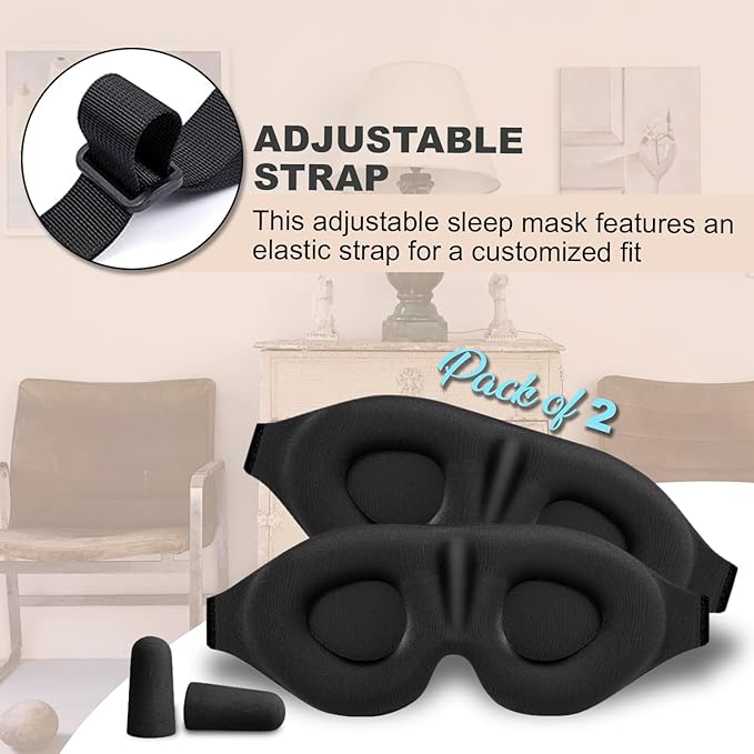 Luxury Sleep Mask – Pack of 2 Ultra-Soft Silk Eye Covers with Adjustable Strap & Soft Ear Loops, 3D Contoured Light Blocking Sleeping Mask for Travel, Naps & Relaxation(Black & Black)
