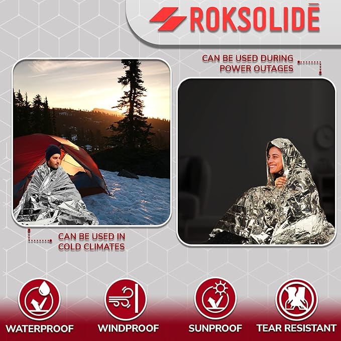 ROKSOLIDE Emergency Blankets | Mylar Thermal Blanket, Essential Survival Gear for Emergency Kits. Ultralight Reflective Foil Blanket for Camping or Cold Weather. Size 55" x 82", Silver, 8-Pack