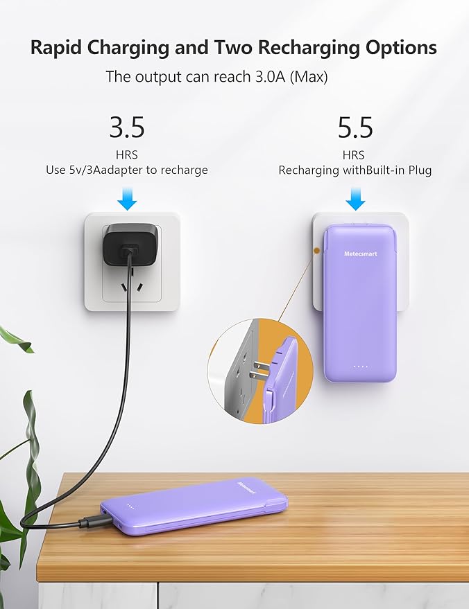 Portable Charger Power Bank with Built-in Cable & AC Plug, 10000mAh Fast USB-C Charger, Slim Mini Battery for iPhone 16/15/14/13/Pro/Max & All USB-C Devices