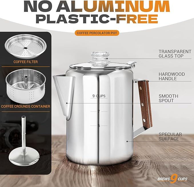 Percolator Pot Stainless Steel Camping Coffee Pot-NO Aluminum or Plastic Camping Coffee Pot Stovetop (9 cup)