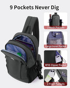 ECOHUB Crossbody Bags for Women Men, Anti-Theft RFID Blocking Roomy Sling Backpack with Sturdy SBS Zippers Water Resistant Chest Shoulder Bag Daypack with 9 Pockets Travel Hiking, Grey