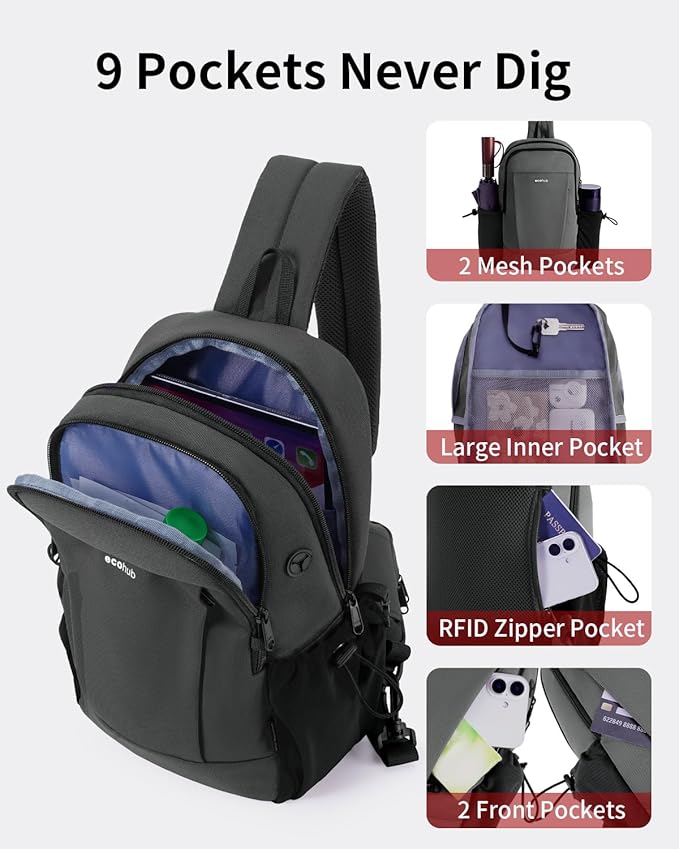 ECOHUB Crossbody Bags for Women Men, Anti-Theft RFID Blocking Roomy Sling Backpack with Sturdy SBS Zippers Water Resistant Chest Shoulder Bag Daypack with 9 Pockets Travel Hiking, Grey