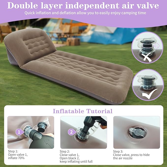 Inflatable Camping Air Mattress with Adjustable Backrest, Flocking Portable Recliner Air Sofa Bed, Blow-Up Sleeping Pad Sofa for Outdoor Hiking, Beach, Tent, Travel – Fast Inflation with Pump
