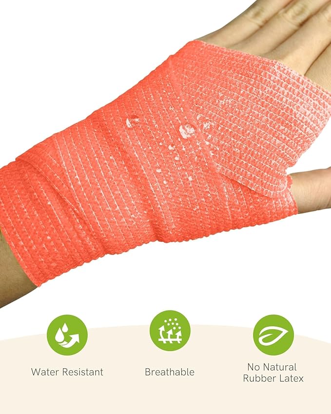FriCARE Self Adhesive Bandage Wrap, Medical Tape in First Aid Kit, Cohesive Bandages for Wounds Sport Vet, FSA/HSA Eligible, 2 Inches X 5 Yards 6 Rolls, Fluorescent Orange