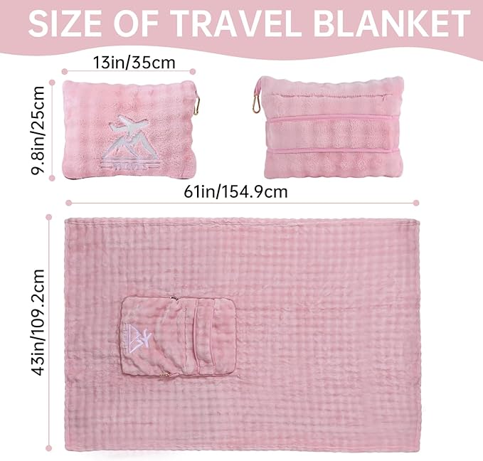 Travel Blanket and Pillow-2-in-1, Ultra-Soft&Compact, One-Piece Airplane Blanket with Hand Luggage Belt and Backpack Clip,Travelers Accessories Gifts, 61x43 Inches (Pink)