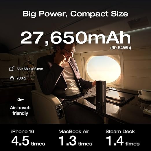 EF ECOFLOW Rapid Pro Power Bank (27650mAh, 300W, 140W Built-in Cable), 4-Port Portable Charger w/ 140W Output, Up to 320W Recharge, Compatible with iPhone Series, Samsung, Laptop and More