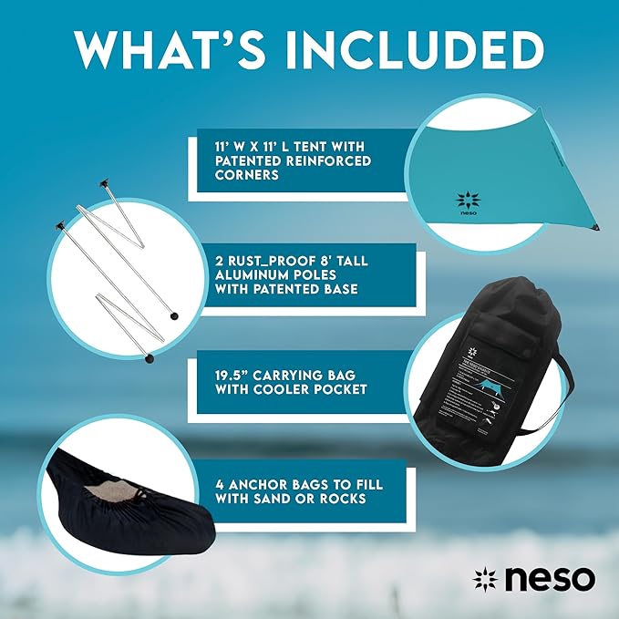 Neso Gigante - Portable Beach Tent - Ideal to Enjoy with Family and Friends - UPF 50+, Water-Resistant, and Lightweight - Teal, 11' x 11'