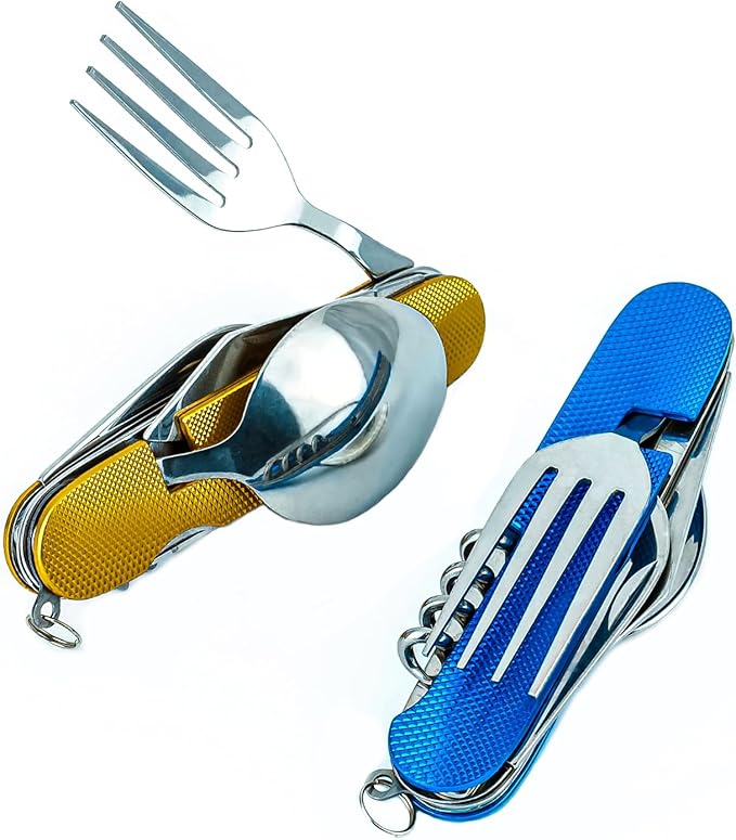 Cluck 6-in-1 Multi-Function Camping Flatware Utensil Folding Knife Cutlery Detachable Pocket Kits with Carrying Pouch (Gold + Blue)
