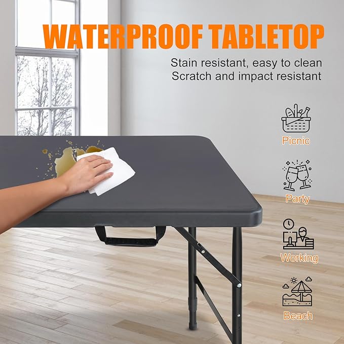 4 FT Folding Table with Carry Handle, Portable Fold-in-Half Plastic Table, Rectangle Foldable Table for Indoor/Outdoor Black
