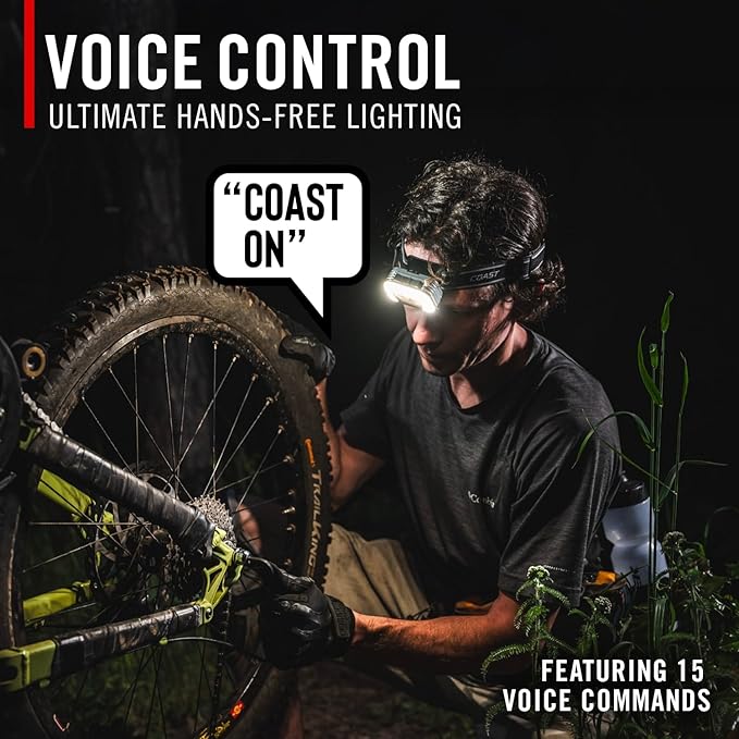 Coast RL35R Voice-Controlled 1100 Lumen Rechargeable LED Headlamp with ARC280™ Lighting, 4 Color Modes, Rear-Facing Safety Signal, Variable Light Control and USB-C Charge Port