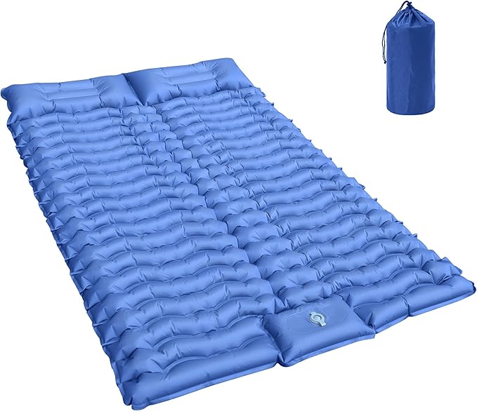 GIGART Double Sleeping Pad for Camping, Portable 4" Extra-Thick Camping Cots for Adults with Pillows & Built-in Foot Pump, Ultralight Camping Mattress for Tent Hiking Essentials Gear (Blue, Double)
