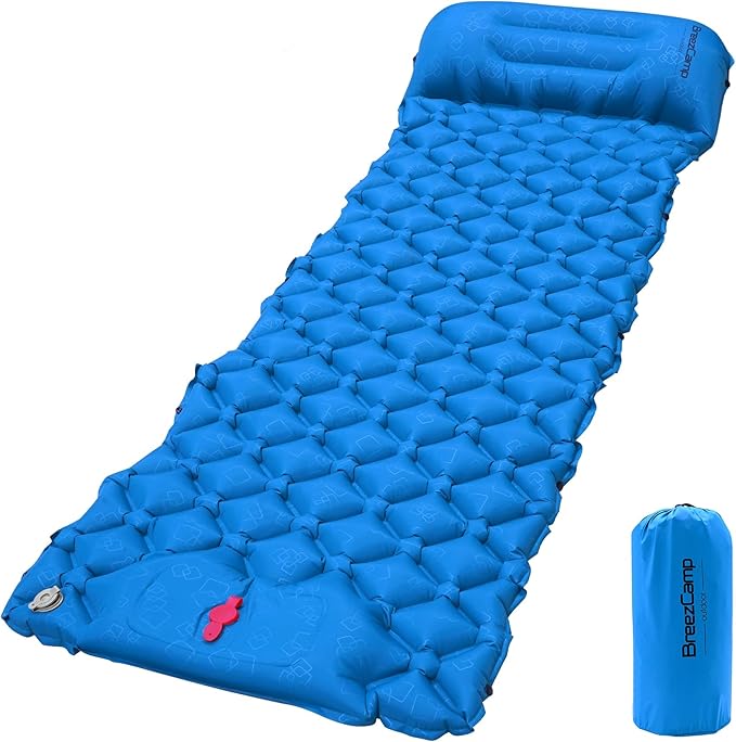 Camping Sleeping Pad, Ultralight Inflatable Mattress with Pillow Built-in Foot Pump for Outdoor Hiking Travel Tent Backpacking Trip Car, Compact Lightweight Camping Mat, Blue