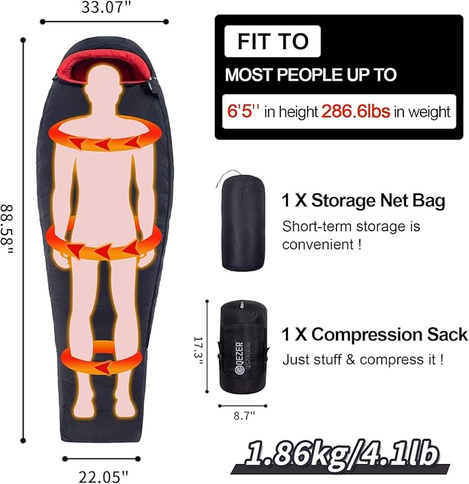 0 Degree Sleeping Bag for Adults 650 Fill Power Down Sleeping Bag for Cold Weather -20F / -8F / 0F / 10F Large Lightweight