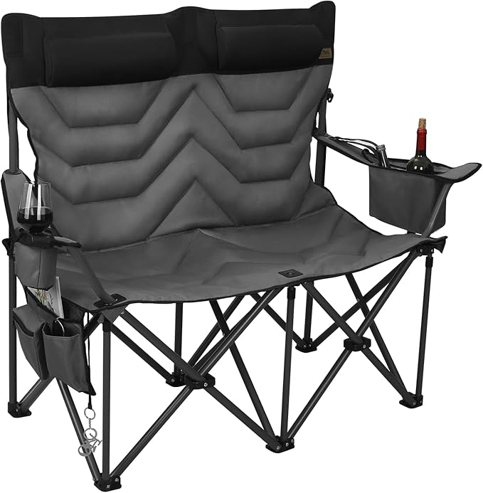 Double High-Back Camping Loveseat with Pillows, Dual Cup Holders & Cooler Bags - Oversized 2 Person Heavy Duty Folding Chair for Adults, 800LBS Capacity, Outdoor, Picnic, Lawn (1, BlackGrey)