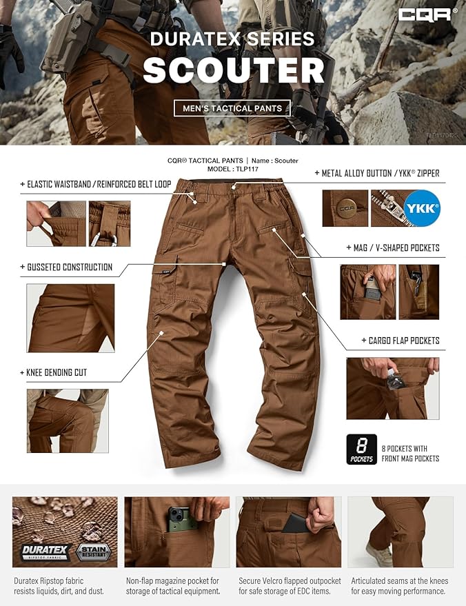 CQR Men's Tactical Pants, Water Resistant Ripstop Cargo Pants, Lightweight EDC Work Hiking Pants, Outdoor Apparel