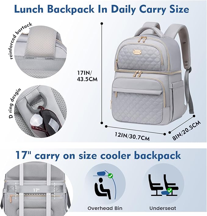 Backpack Cooler Lunch Backpack Double Decker Lunch Box,Insulated Backpack Lunch Cooler Bag, Lightweight Leakproof Lunchbox Backpack for Women Men to Travel,Picnic,Hiking,Beach,Camping
