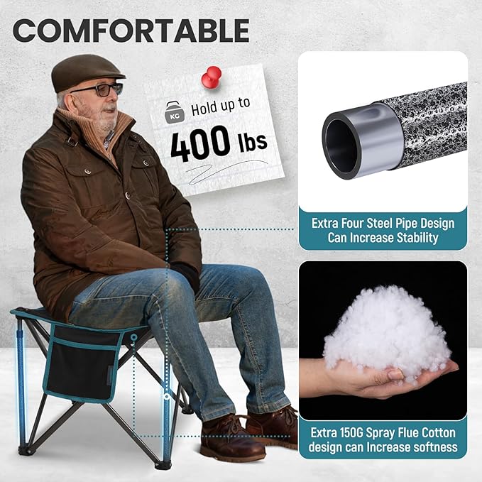 FUNDANGO Folding Camping Stool, 2 Pack 18.1 Inch Oversized Foot Stools 400 Lbs Heavy Duty Portable Padded Seat Anti-Slip Foots & Carry Bag for Fishing Outdoor Lawn Travel (Black)