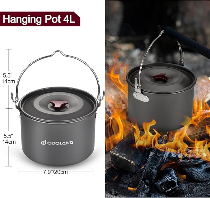 Odoland 22pcs Camping Cookware Mess Kit, Large Size Hanging Pot Pan Kettle with Base Cook Set for 4, Cups Dishes Forks Spoons Kit for Outdoor Camping Hiking Picnic