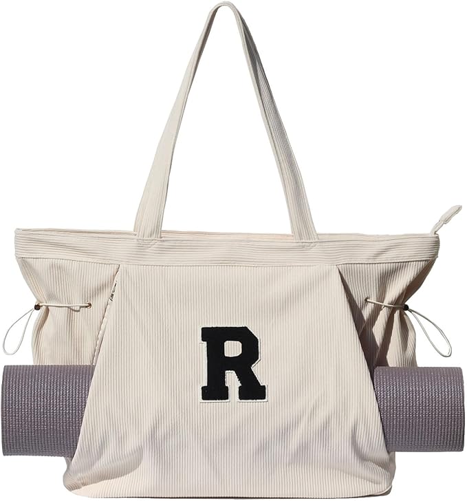 ESVAN Corduroy Yoga Tote Bag Gifts for Women Drawstring Yoga Mat Bag for Office Workout Travel Carryall Pilates Gym