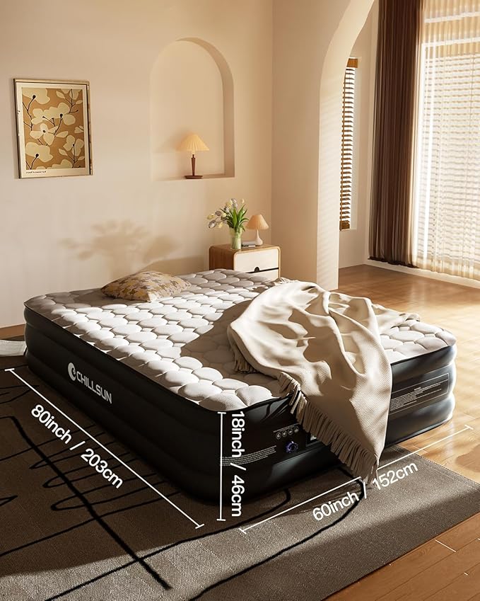 CHILLSUN Queen Air Mattress with Built in Pump,Raised Comfort Blow up Mattress,Dual Layer Mattress Topper Airbed,Durable Inflatable Mattress for Guests Home,Colchon Inflable 800lbs Max