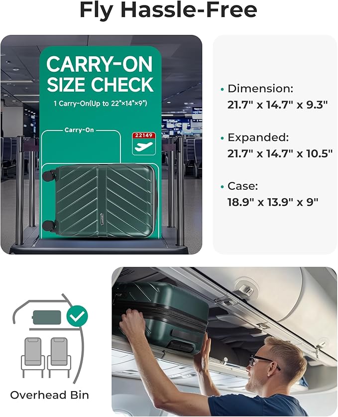 BAGSMART Carry on Luggage 22x14x9 Airline Approved with TSA Lock, 100% Polycarbonate Hardside Suitcase with Spinner Wheels, Olive-Green