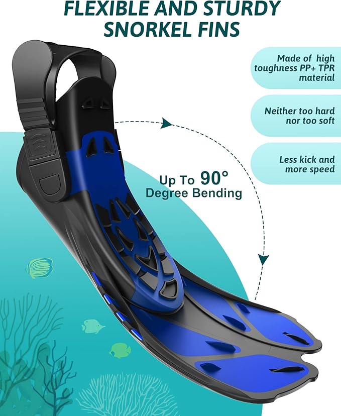 Mask Fins Snorkeling Gear for Adults, Full Face Snorkel Mask & Adjustable Swim Fins Snorkel Set, Panoramic View Snorkel Mask Dry Top Anti-Fog Anti-Leak