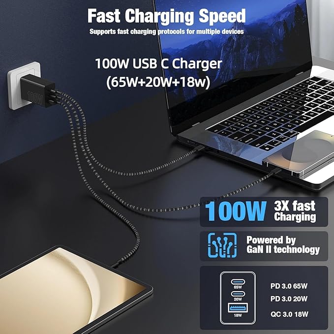 65W Super Fast Charging USB C for iPhone 17 16 Pro Max,3 Port 100W PD USB C Charger Block & 3/6/6/10FT Braided Type C Cord for iPhone 17 16 Pro,iPhone 15 Pro Max,for Samsung S26 Ultra/MacBook Pro/Air