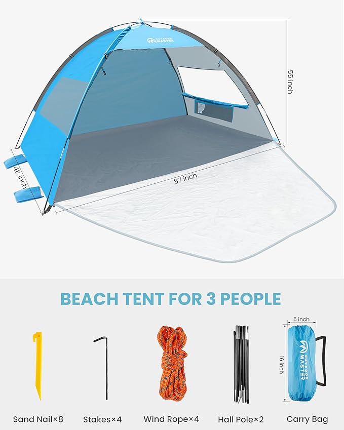 OutdoorMaster Beach Tent Sun Shelter with 2 Ventilated Doors, UPF50+ Easy Setup Beach Tent Canopy for 3 Person, Lightweight & Portable Family Beach Umbrellas for Sand with Carrying Bag - Blue