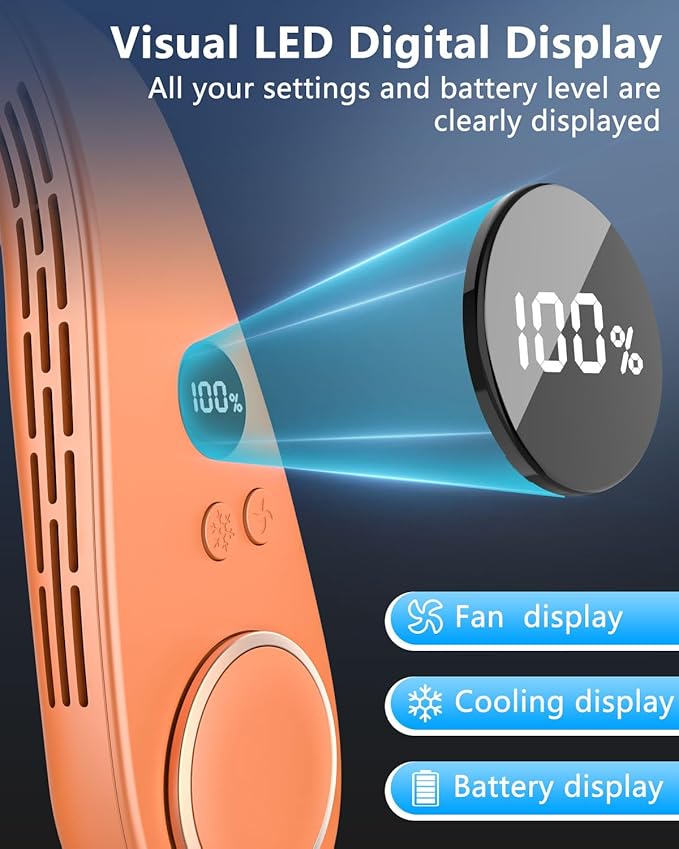 Neck Fan Rechargeable,Portable Neck Fans that Blow Cold Air,Ice Piece of Metal Cool Plates AC Condition,Bladless Coldest Wear USB C Charger Adjustable Breezers Tool for Travel Camping Outdoor Orange