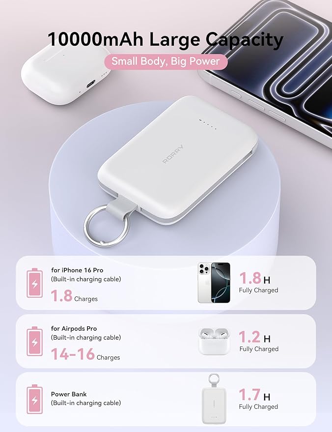 RORRY CharmGo Portable Charger, 10000mAh PD 30W Fast Charging Portable Charger Power Bank with Built-in Cables, Travel Keychain Charger Battery Pack for iPhone 17/16/15, for AirPods 2/3/4/Pro, Black