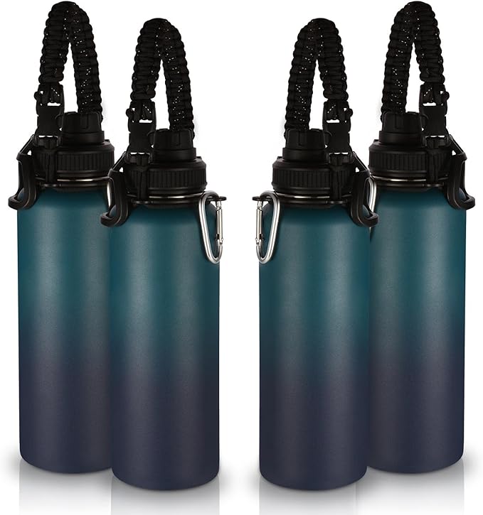 Volhoply Insulated Water Bottles Bulk 4 Pack,40 oz Stainless Steel Sports Bottle with Paracord Handle & Spout Lid,Double Walled Water Cups with Wide Mouth,Reusable Large Water Cup(Dark Night,4 Set)