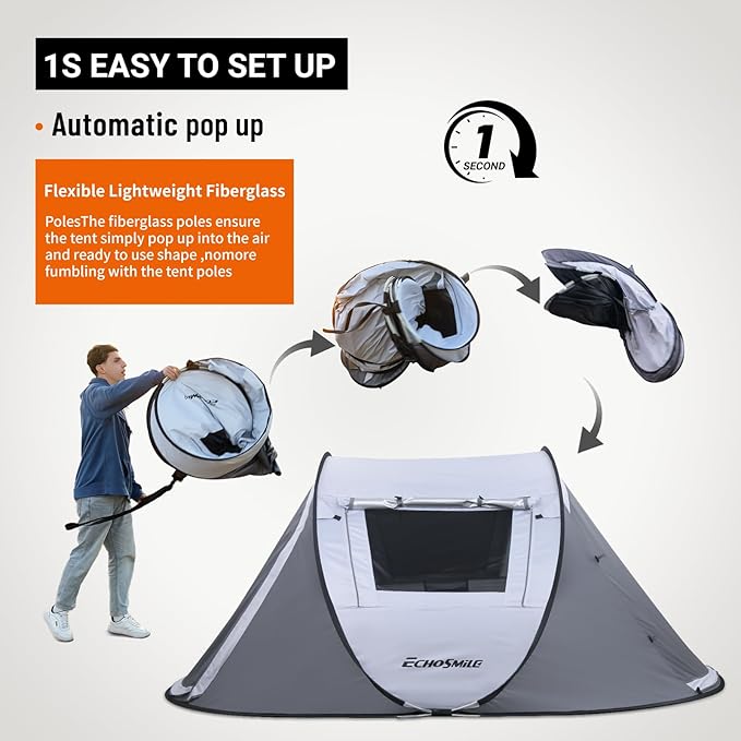 EchoSmile Instant Pop Up Camping Tent, 2/4/6 Person, Easy Setup Tent, Water Resistant Dome, Portable with Carry Bag
