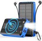 Solar Power Bank Portable Charger Lithium Ion Polymer Battery 52800mAh 5V/3A Fast Charging Battery Pack with Built in 4 Cables 2 Outputs & LED Flashlight for All Mobile Devices Camping Traver Outdoor