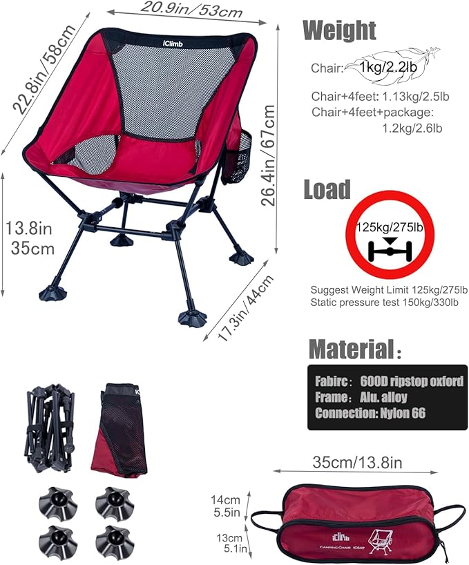 iClimb Ultralight Compact Camping Folding Beach Chair with Anti-Sinking Large Feet