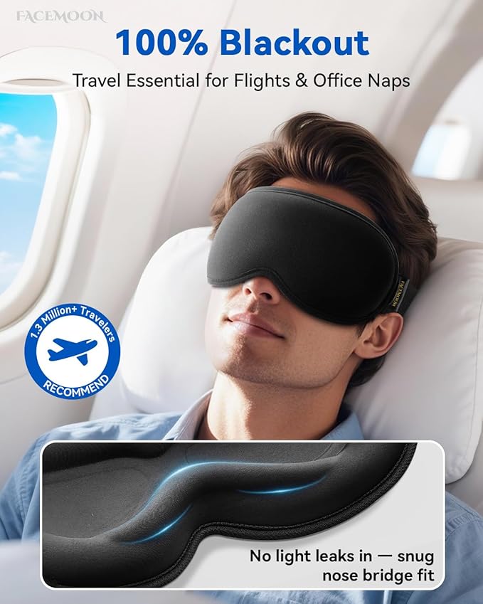 Weighted Blackout Sleep Mask for Men, 3D Contoured Zero Eye Pressure, Lash-Friendly Deep Eye Cups, Adjustable Slide Buckle Strap, Office Nap & Business Travel Essential, Relaxation Gift for Him(Black)