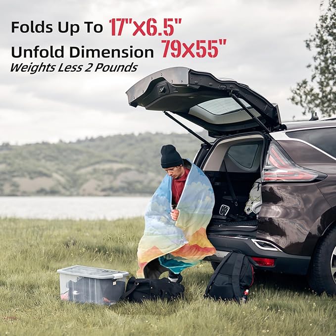 Outdoor Puffy Camping Blanket, Lightweight Down Alternative Puffy Printed Camping Large Ultra Warm Hammock Top Quilt Waterproof Blanket for Traveling Picnic Beach Party Cold Weather (Sunset)