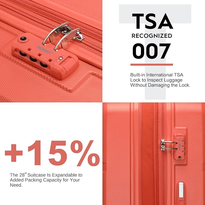Kono 4 Piece Luggage Sets Expandable(only 28") Lightweight with Spinner Wheels TSA Lock Hardside Travel Rolling Suitcases 20in 24in 28in Carry on and 12in Mini Cosmetic Case Coral Pink
