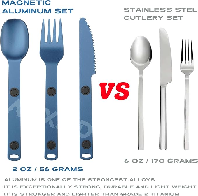 Magnetic Camping Utensils Set, Portable & Reusable Metal Travel Flatware, Camping Cutlery Set, Knife, Fork & Spoon, 3-PACK, Blue