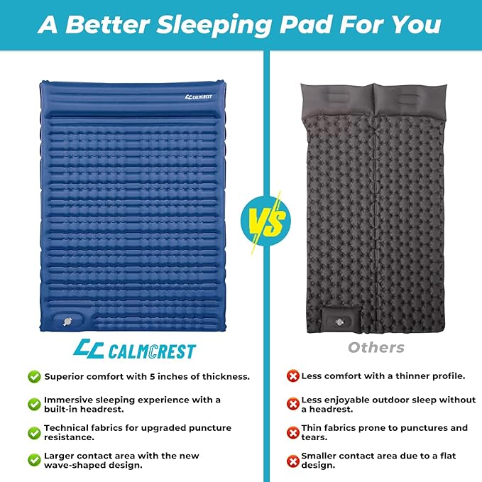 Double Sleeping Pad for Camping, 5" Extra-Thick Inflatable Camping Pad 2 Person with Built-in Foot Pump,Comfort Camping Mat with Pillow, Lightweight Sleeping Mat, Supports Up to 800 lbs-Blue