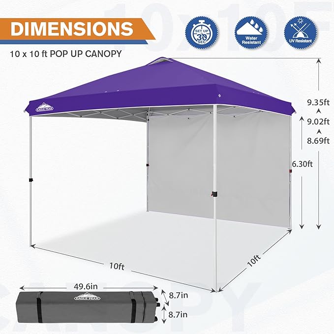 EAGLE PEAK Pop Up Canopy Tent with 1 Sidewall, Easy Setup Event Tent, Outdoor Sun Shade, Wheeled Carry Bag, Stakes and Guy Ropes, Instant Canopy 10x10, Purple
