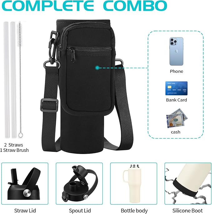 32/40 OZ Water Bottle with Handle, Stainless Steel Insulated Tumbler with Straw & Carrying Case, Vacuum Thermal Insulated Flask Mug, Coffee Tumbler Cup Fit in Car Cup Holder for Travel Drive