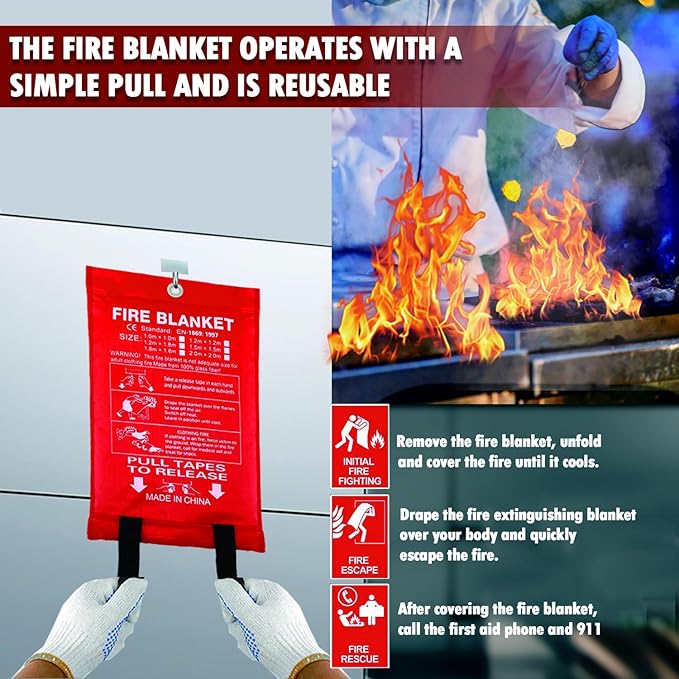 MDH Fire Blanket 40x40 inches Fiberglass w/Gloves Hooks Whistle - Fireproof Safety for Home Kitchen Restaurant House - Fire Suppression Reusable (Fire Blanket 2-Pack)