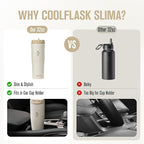 Coolflask Water Bottle 32 oz Fits Car Cup Holder, Slim Tumbler Stainless Steel with Straw & Handle, Vacuum Flask Leakproof Wide Mouth for Travel Sports Gym, Cream White