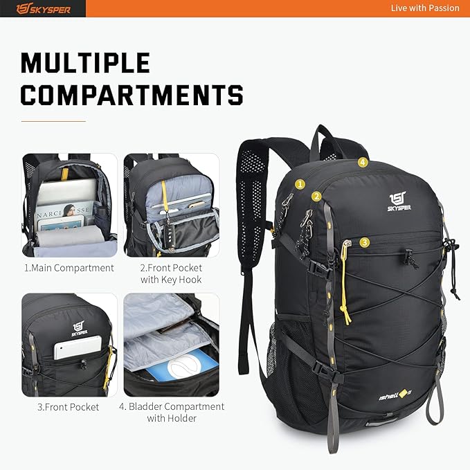 SKYSPER Packable Hiking Backpack 30L Lightweight Daypack Travel Backpacks for Women Men（Black）